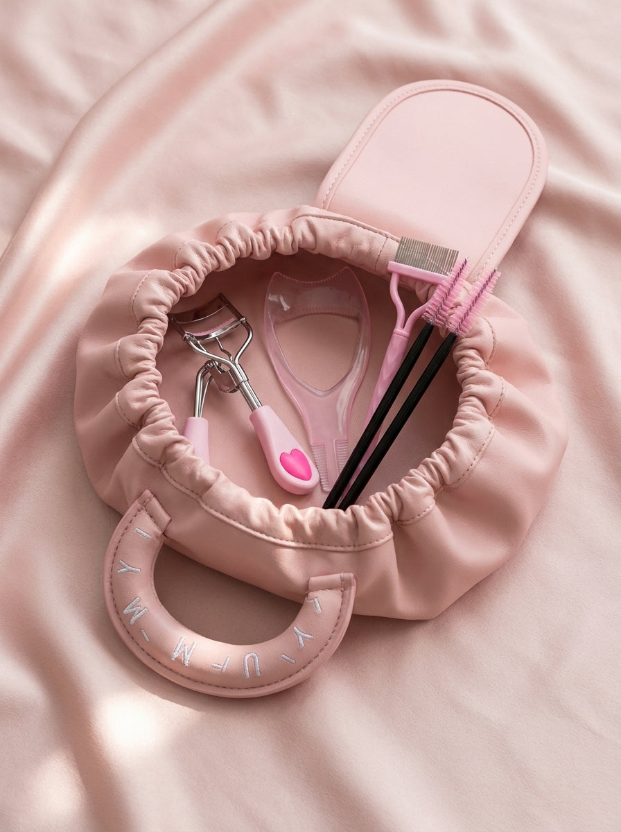 Neceser rosa YUMMY abierto con el kit de pestañas dentro